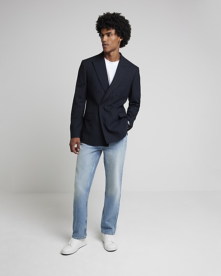 Navy slim fit pinstripe suit jacket