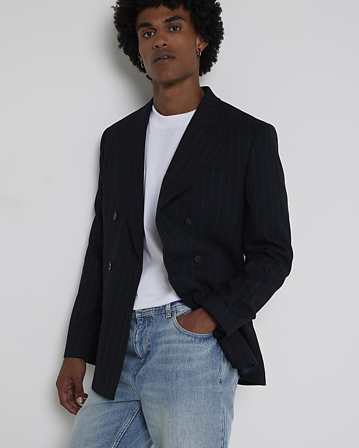 Navy slim fit pinstripe suit jacket