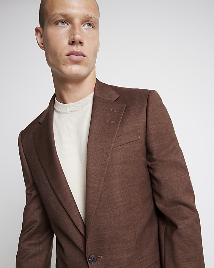 Brown Skinny Fit Single Breasted Suit Jacket