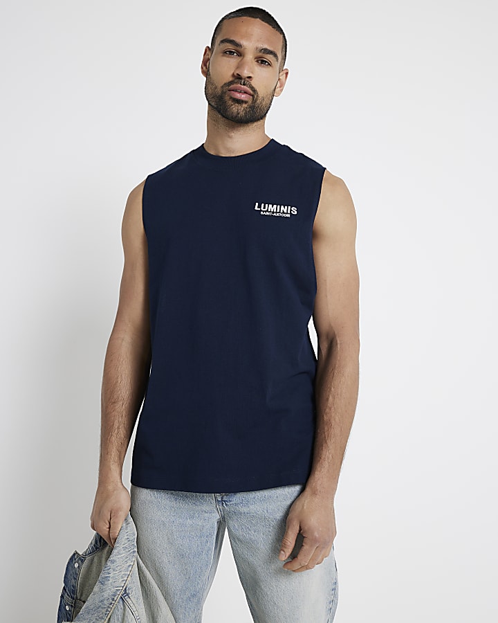 Navy regular fit graphic print vest top