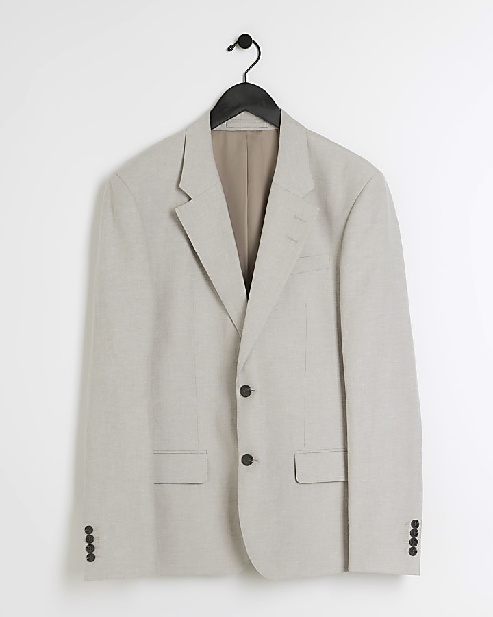 Stone slim fit linen blend suit jacket