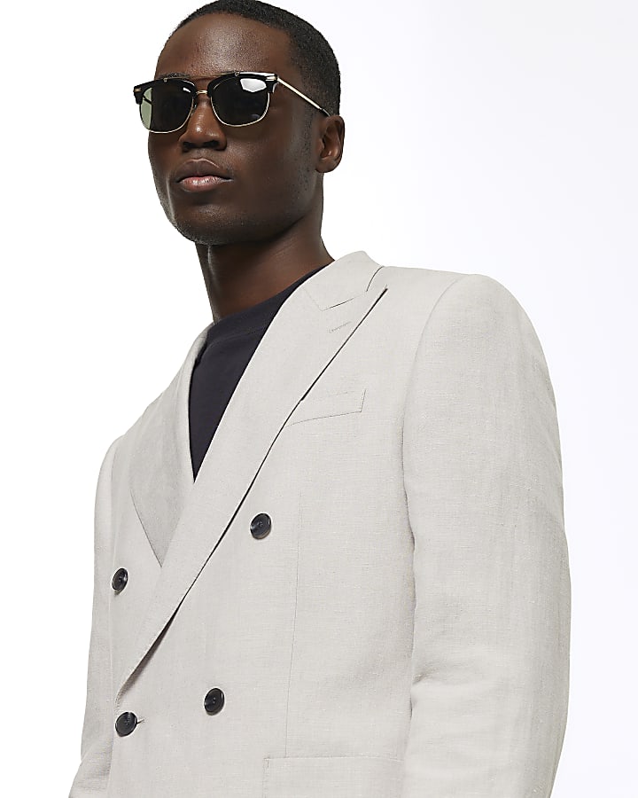 Stone slim fit linen blend suit jacket