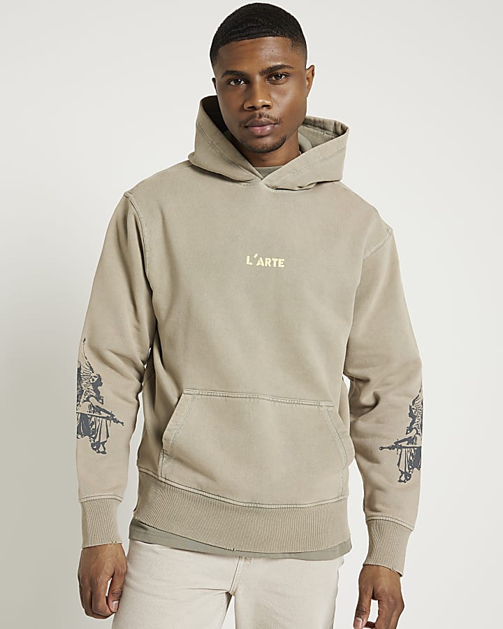 Khaki regular fit gothic graphic hoodie