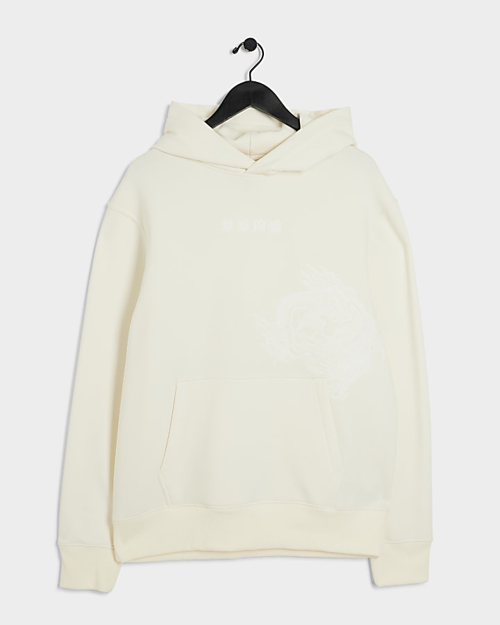 Beige regular fit japanese embroidered hoodie