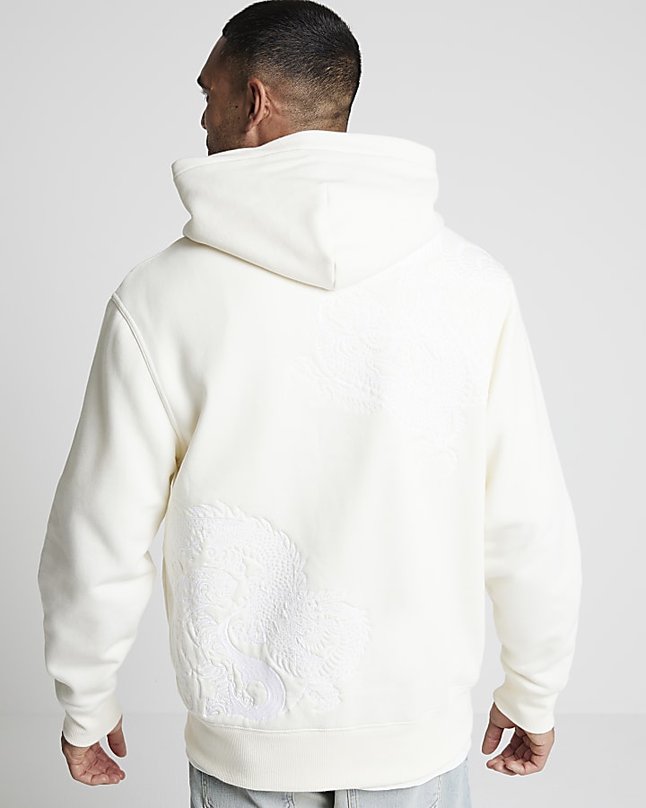 Beige regular fit japanese embroidered hoodie