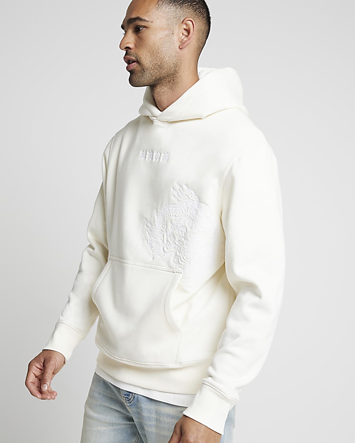 Beige regular fit japanese embroidered hoodie