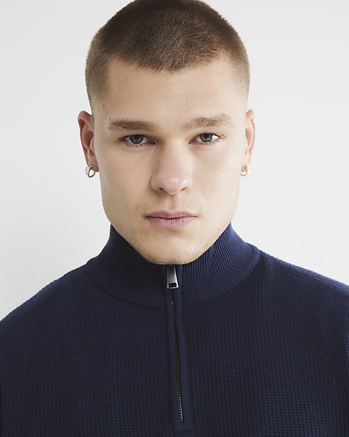 Navy slim fit waffle half zip jumper