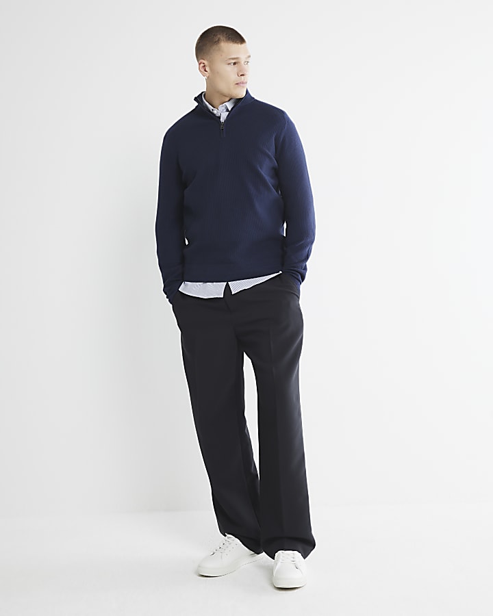 Navy slim fit waffle half zip jumper