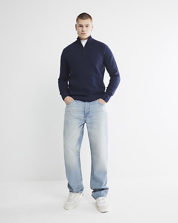 Navy slim fit waffle half zip jumper