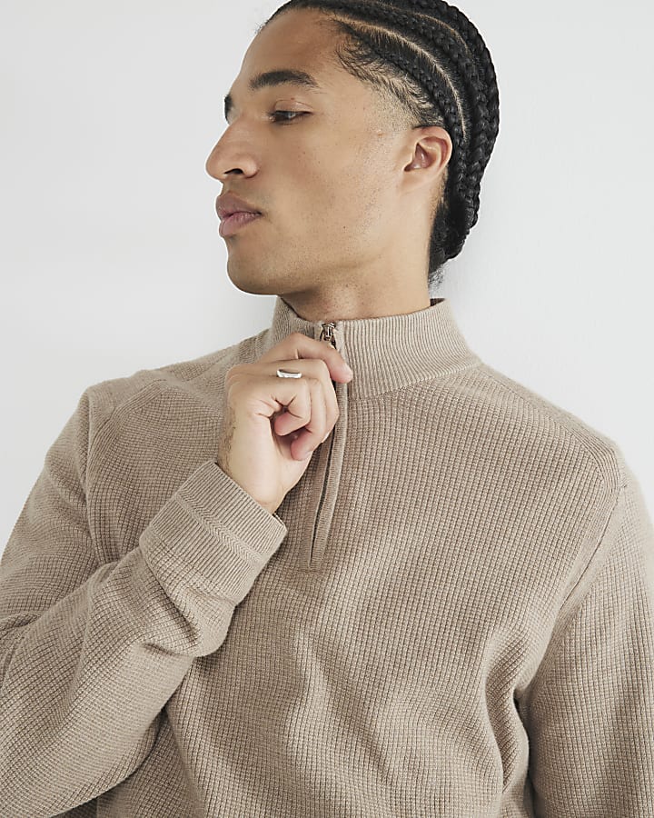 Beige slim fit waffle knitted half zip jumper