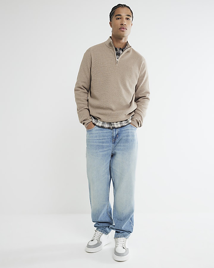 Beige slim fit waffle knitted half zip jumper