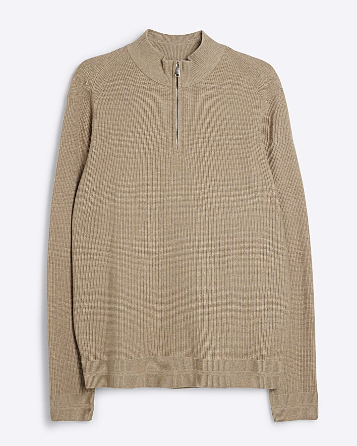Beige slim fit waffle knitted half zip jumper