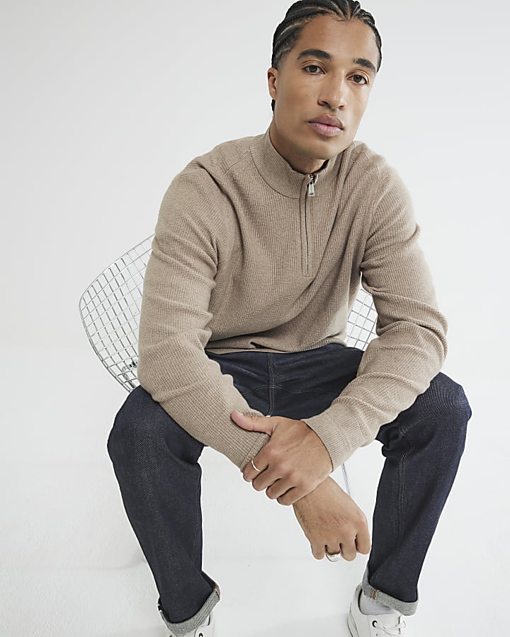 Beige slim fit waffle knitted half zip jumper