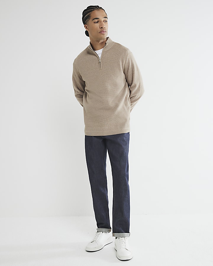 Beige slim fit waffle knitted half zip jumper