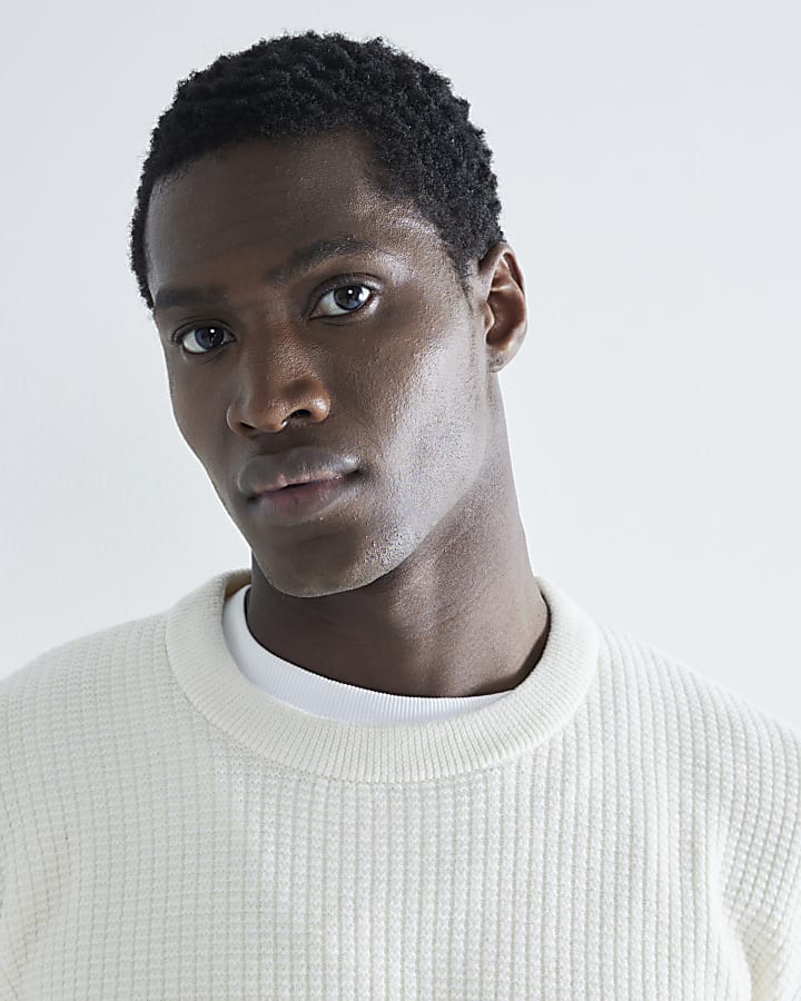 Beige Slim Fit Waffle Textured Crew Jumper