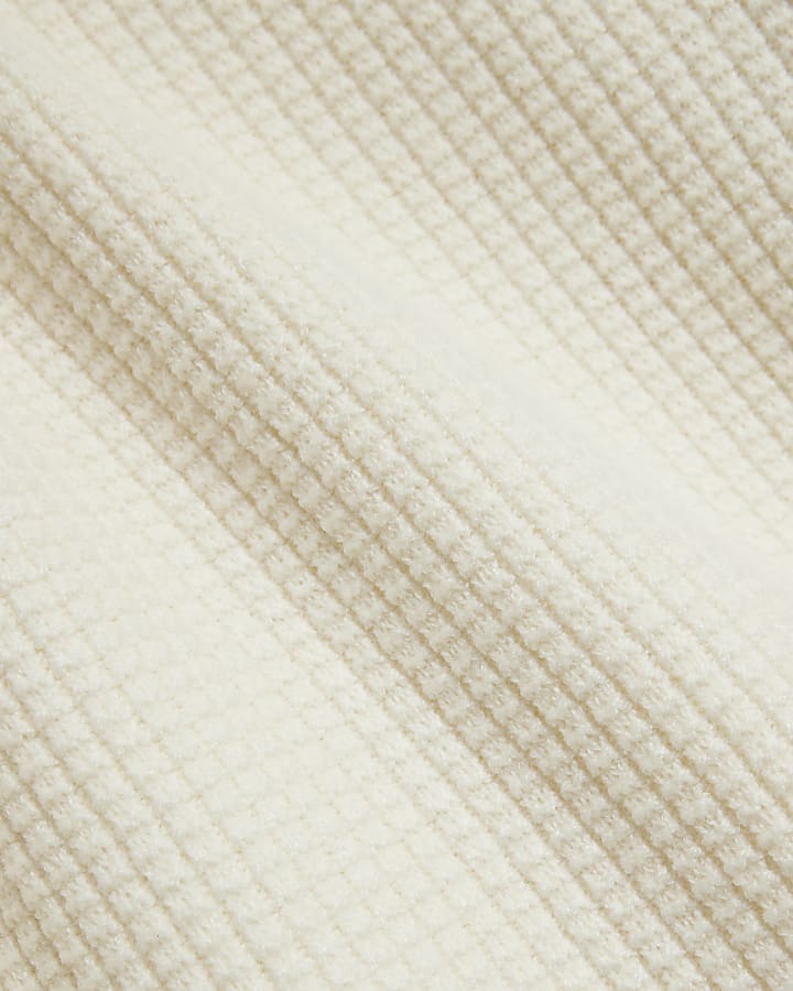 Beige Slim Fit Waffle Textured Crew Jumper