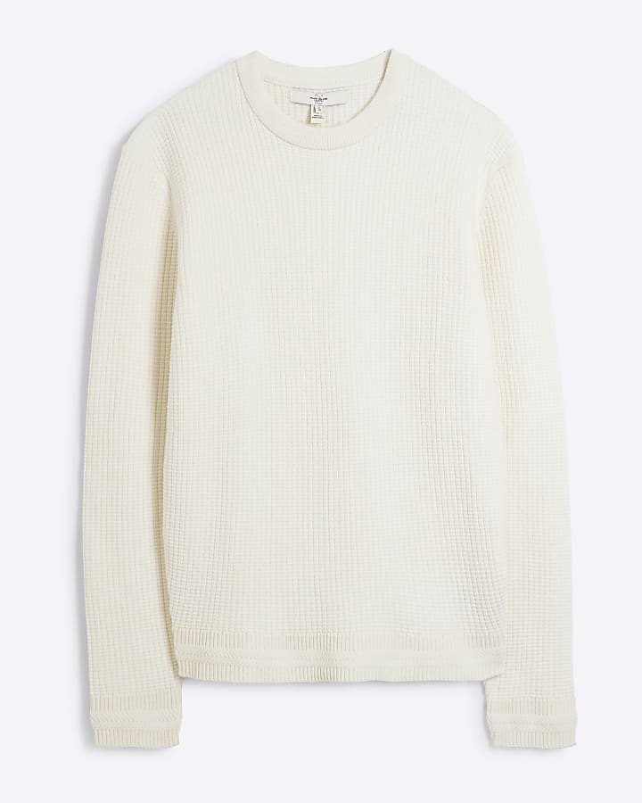 Beige Slim Fit Waffle Textured Crew Jumper