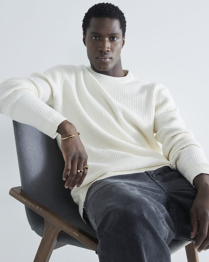 Beige Slim Fit Waffle Textured Crew Jumper