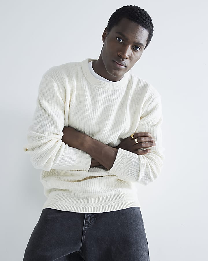 Ecru Slim Fit Waffle Textured Crew Jumper