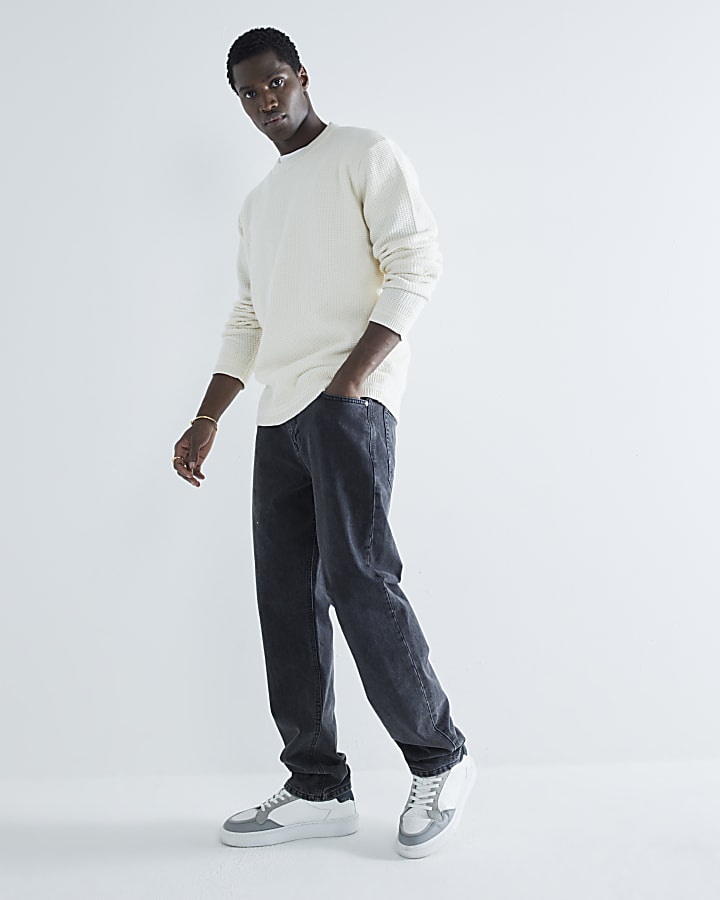 Beige Slim Fit Waffle Textured Crew Jumper