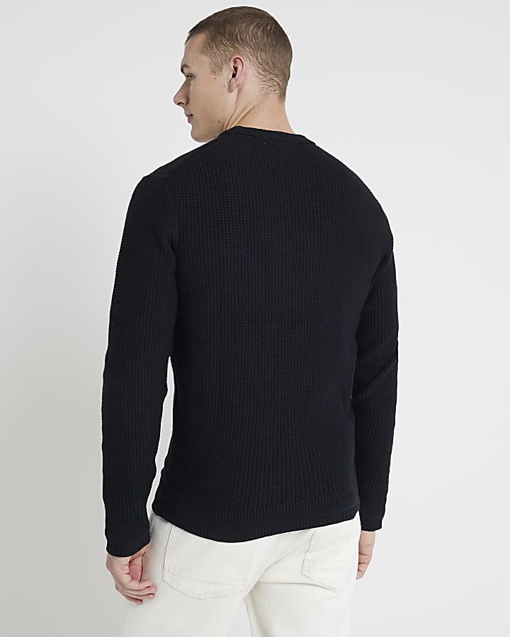 Black slim fit waffle textured crew jumper