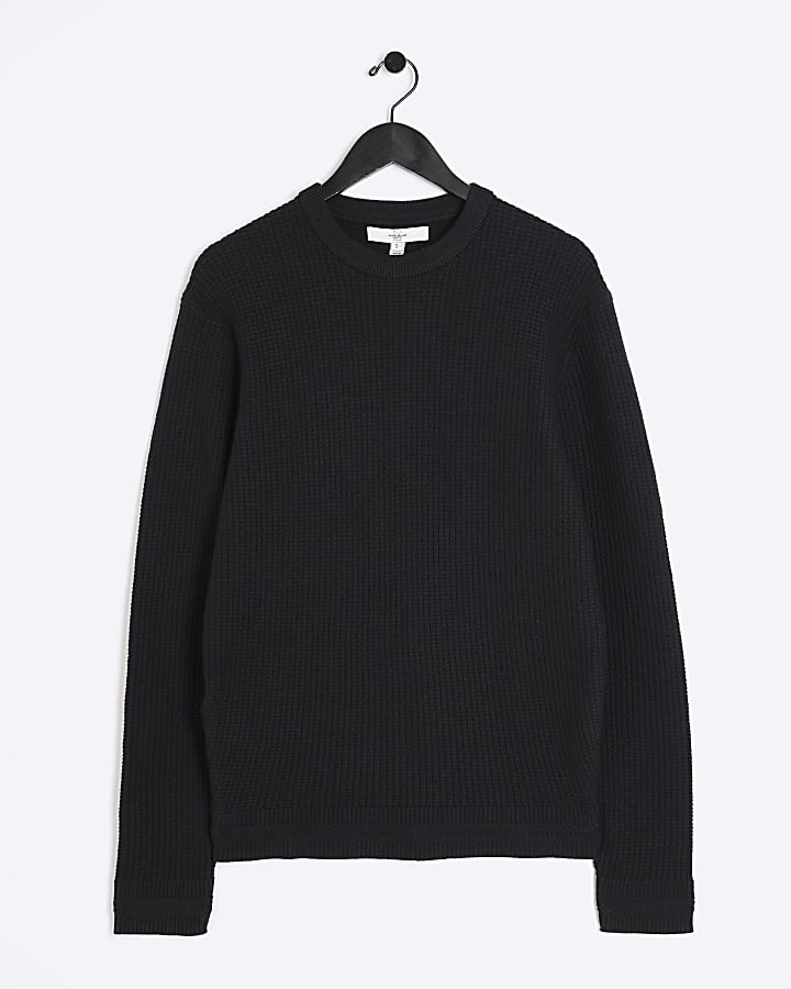 Black slim fit waffle textured crew jumper