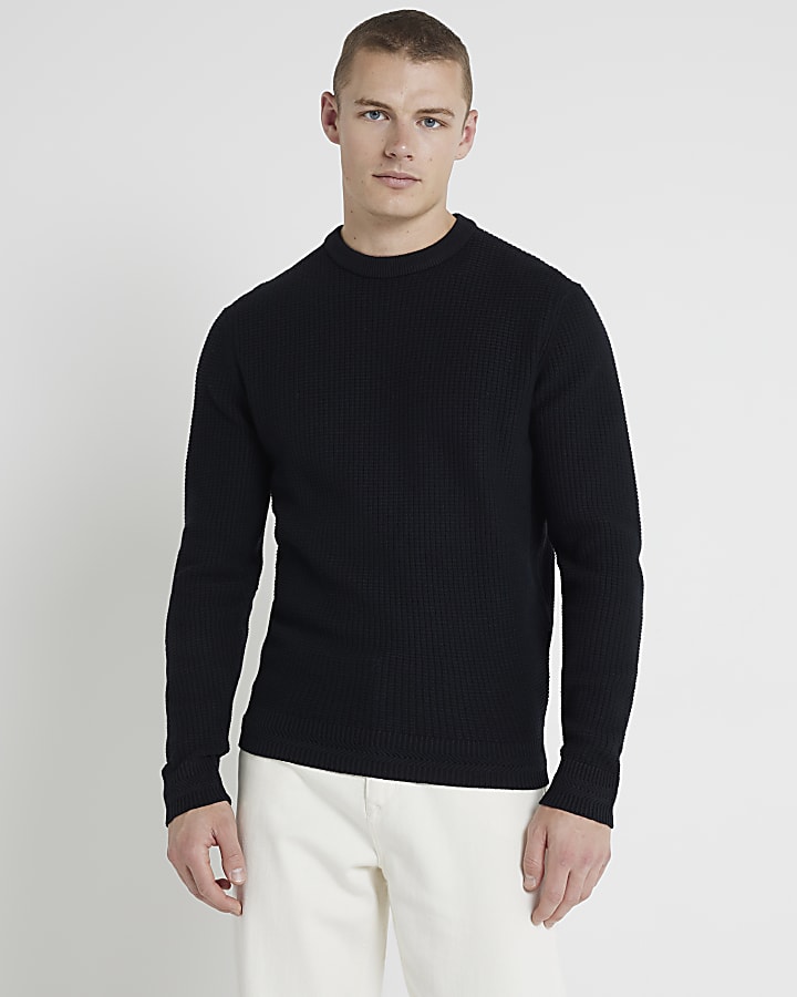 Black slim fit waffle textured crew jumper