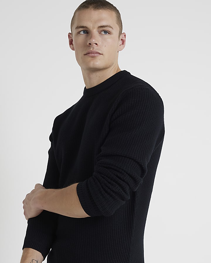 Black slim fit waffle textured crew jumper