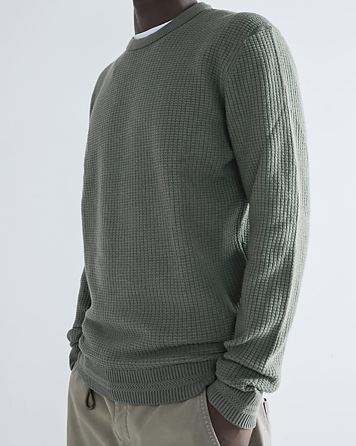 Green Slim Fit Waffle Textured Crew Jumper