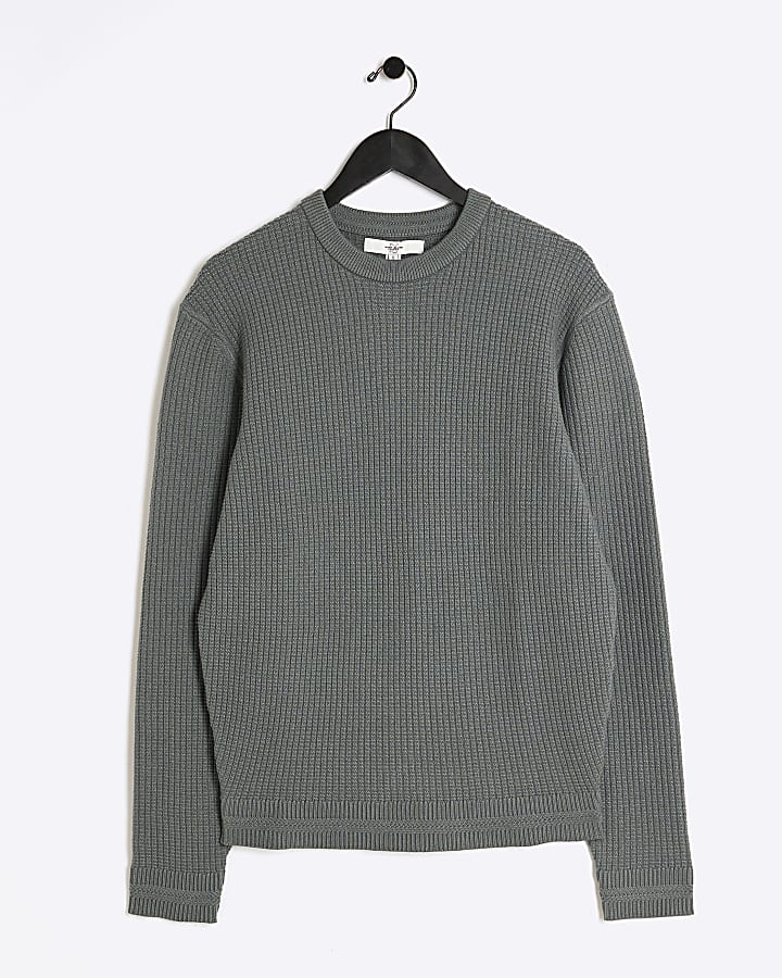 Green Slim Fit Waffle Textured Crew Jumper