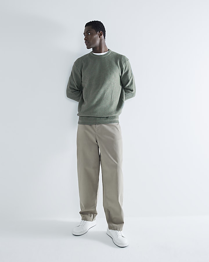 Green Slim Fit Waffle Textured Crew Jumper