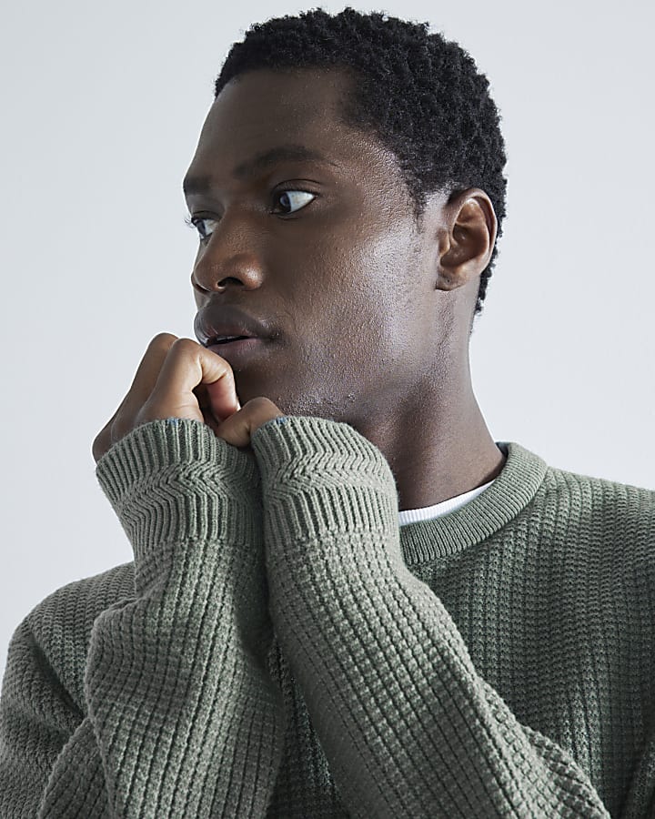 Green Slim Fit Waffle Textured Crew Jumper