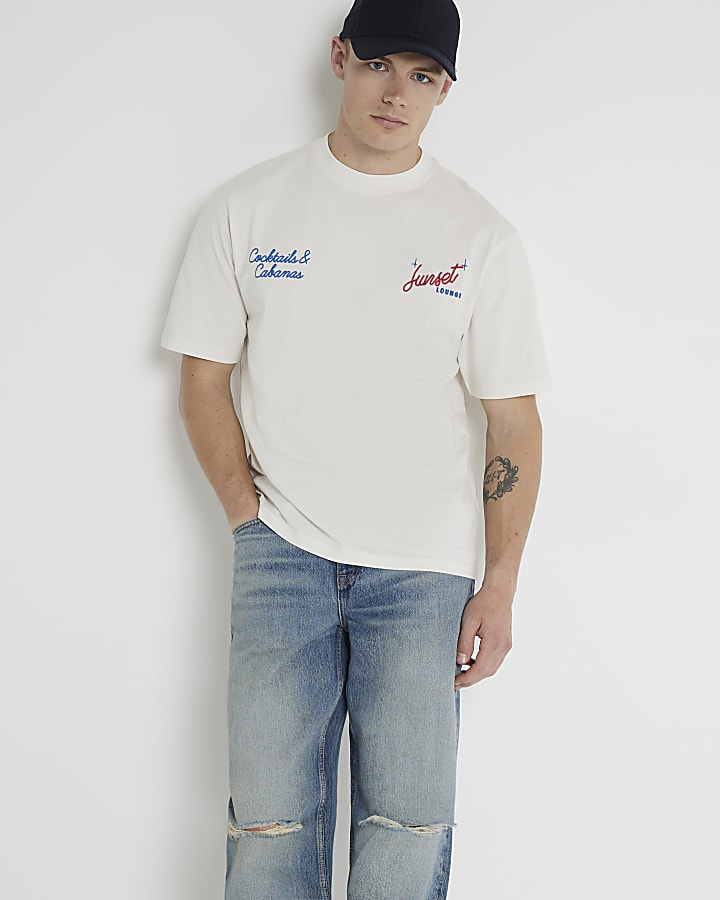 Beige regular fit cocktail graphic t-shirt