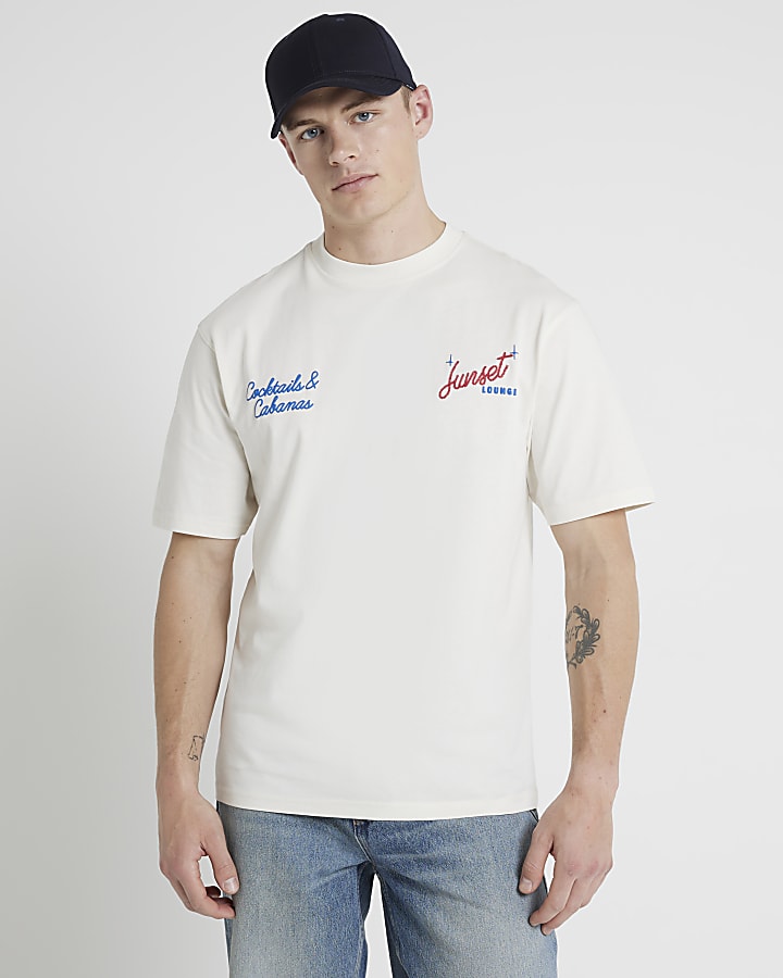 Beige regular fit cocktail graphic t-shirt