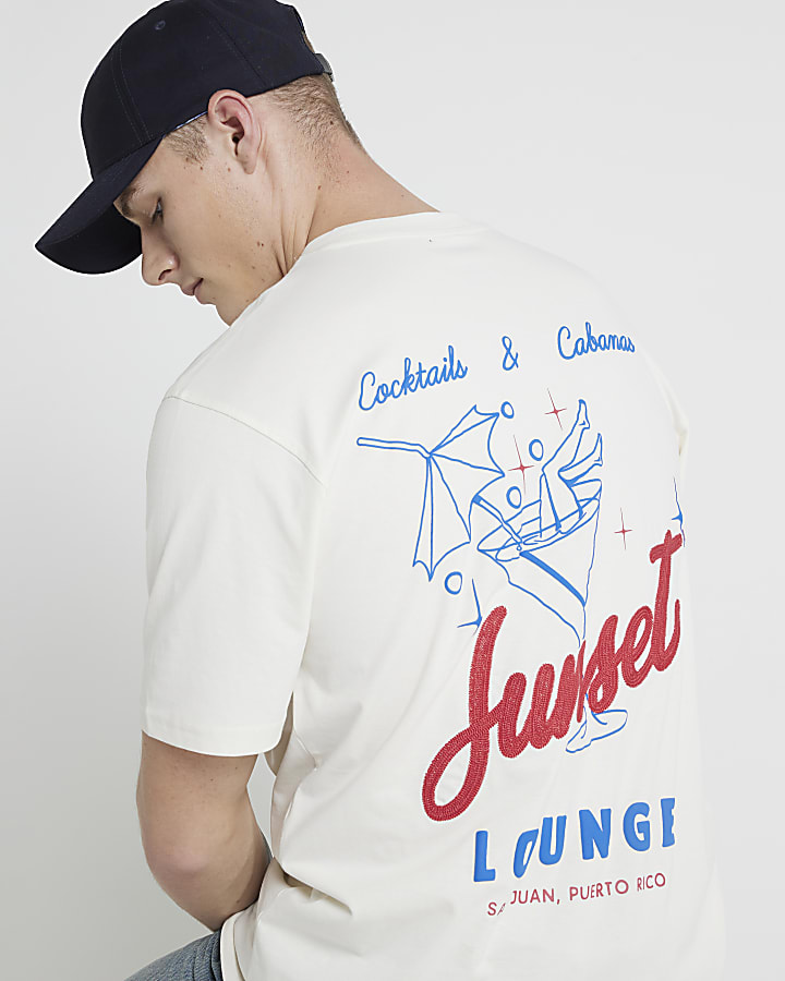 Beige regular fit cocktail graphic t-shirt