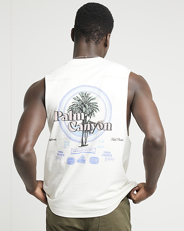 Beige regular fit palm graphic print tank