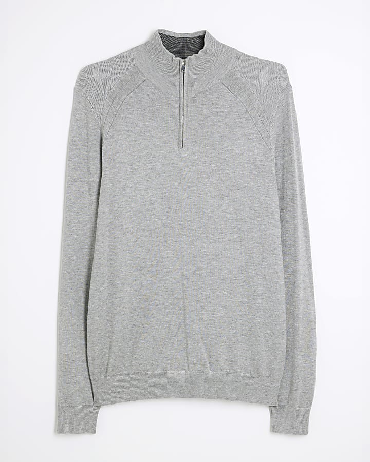 Grey slim fit viscose half zip jumper