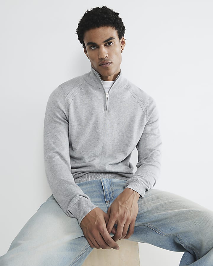 Mens grey zip jumper best sale