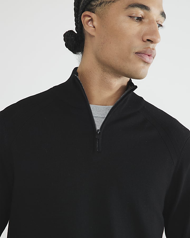 Black slim fit viscose half zip jumper