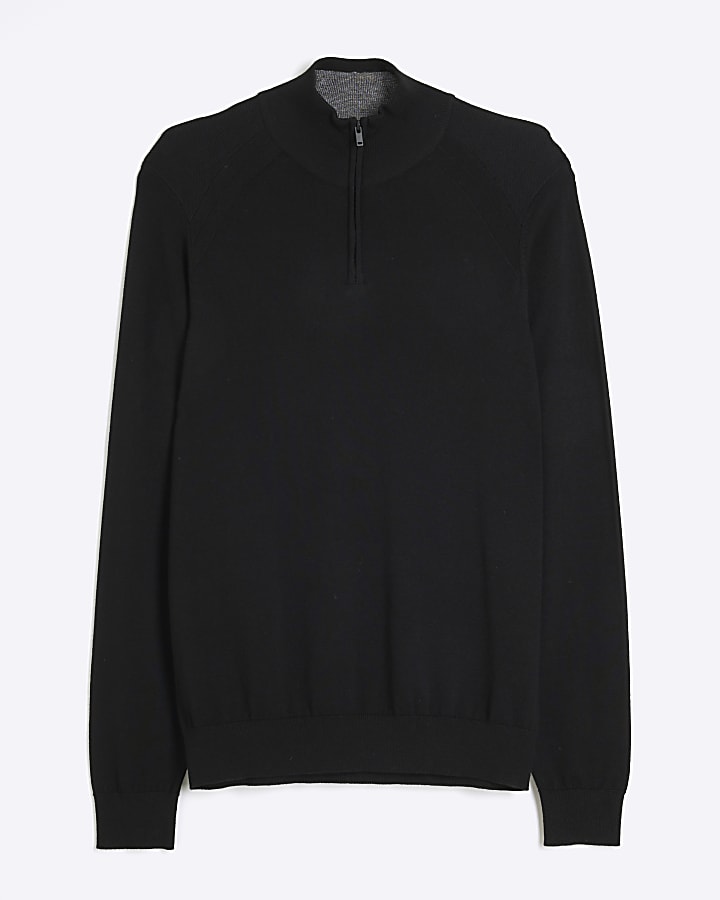 Black slim fit viscose half zip jumper