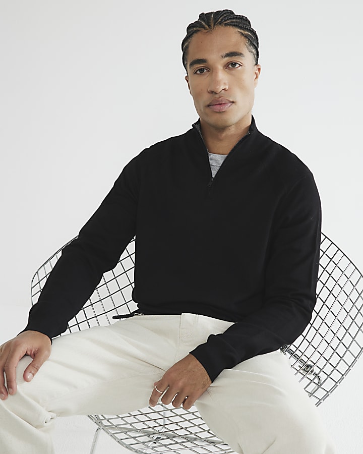 Black slim fit viscose half zip jumper