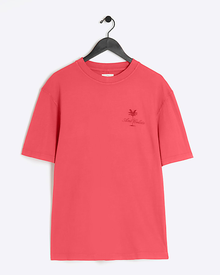 Washed red regular fit embroidered t-shirt