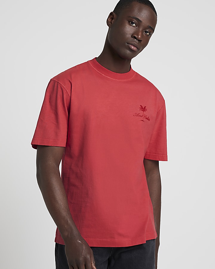 Washed red regular fit embroidered t-shirt