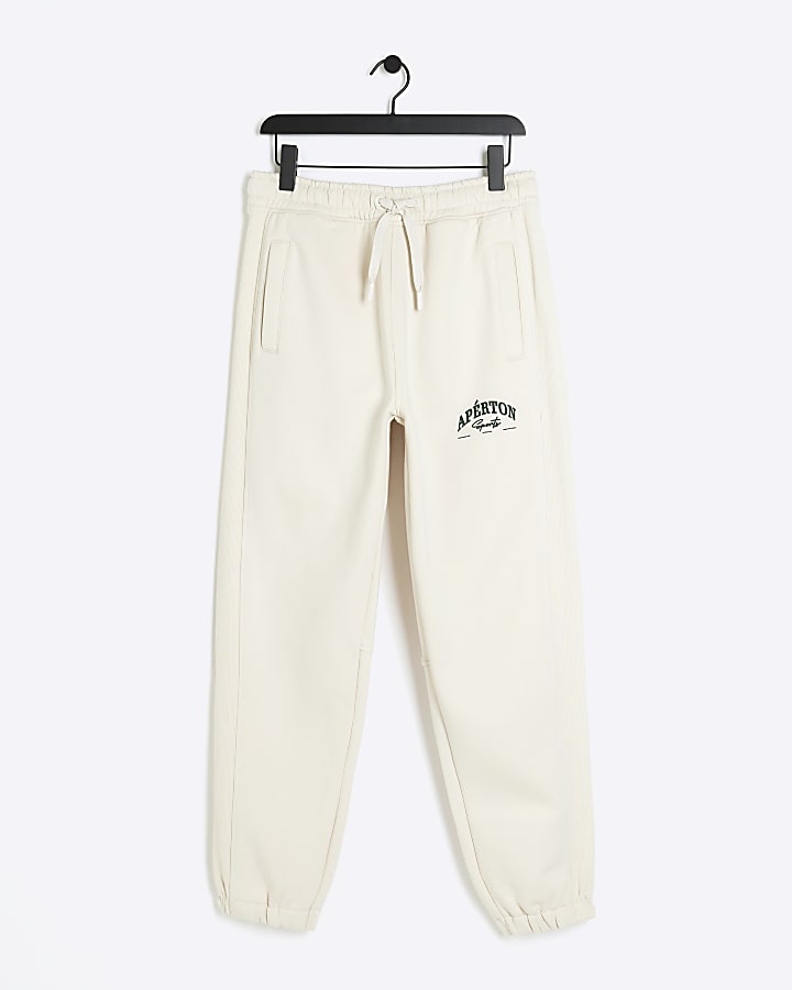 Beige regular fit graphic cuffed joggers