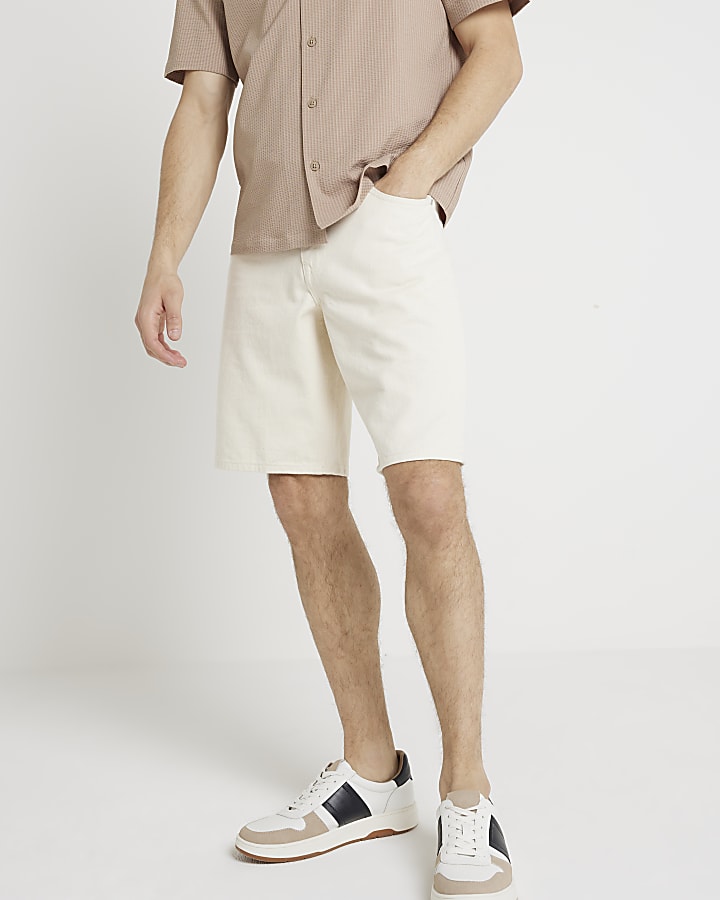 Beige slim fit relaxed denim shorts