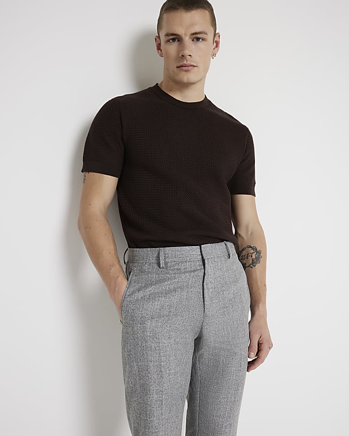 Grey Slim Fit Textured Smart Trousers