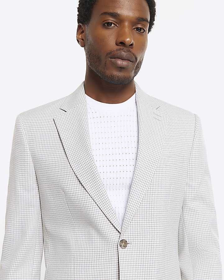 Grey Slim Fit Gingham Suit Jacket