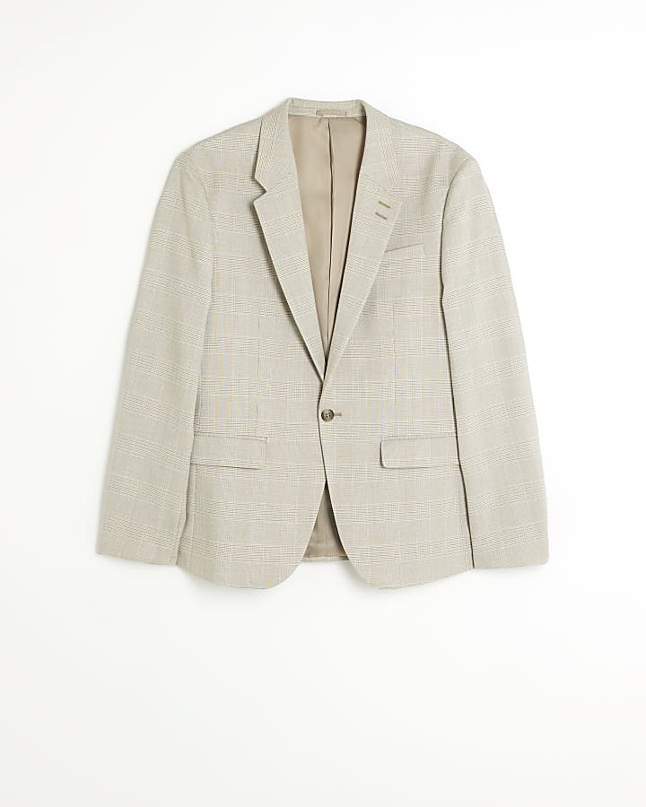 Beige slim fit check suit jacket