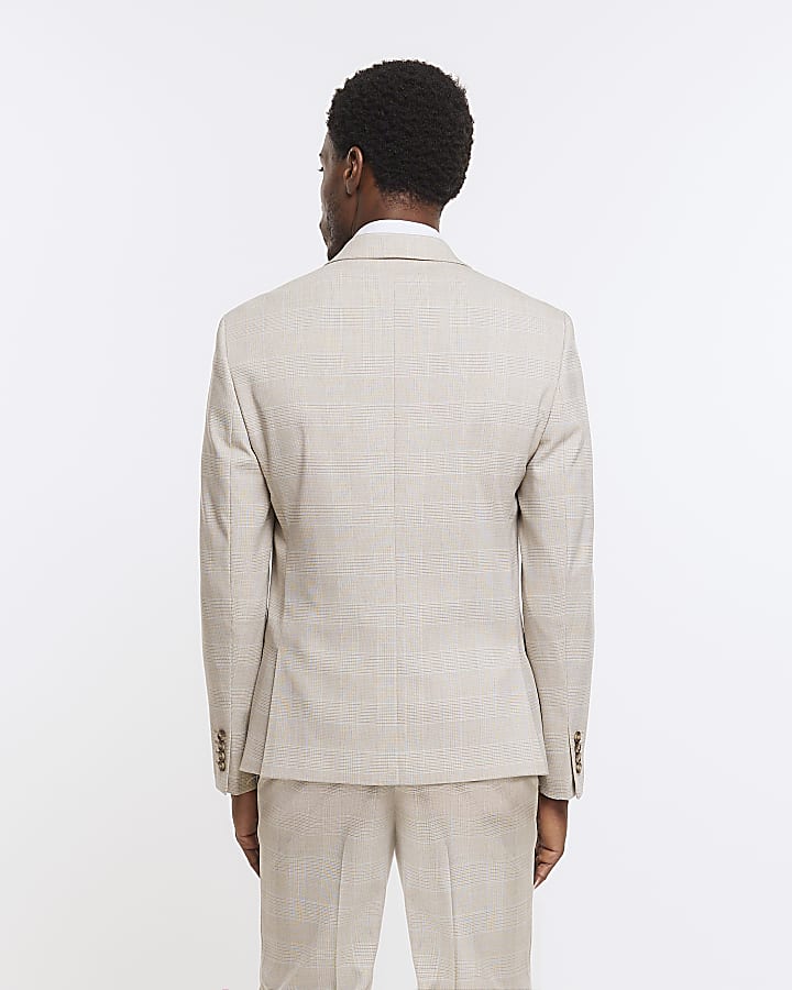 Beige slim fit check suit jacket