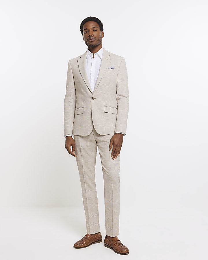Beige slim fit check suit jacket